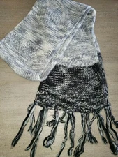 womens GRAY BLACK bulky knit LONG SCARF fringe trim SO SOFT WARM one size MIXIT 