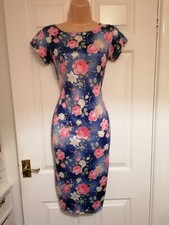 Ladies Blue Floral Stretchy Summer Bodycon Dress By Blossom Size M/L BNWT