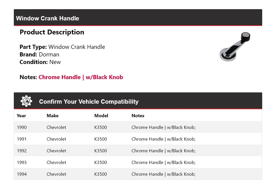 For 1990-1994 Chevrolet K3500 Dorman Window Crank Handle 1991 1992 1993 - Image 2 of 4