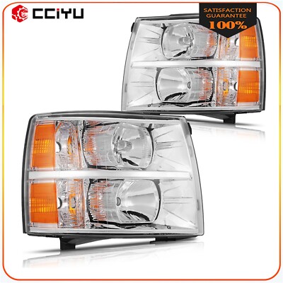 2Pcs Pair Chrome Headlights For 2007-2014 Chevy Silverado 1500 2500HD 3500HD