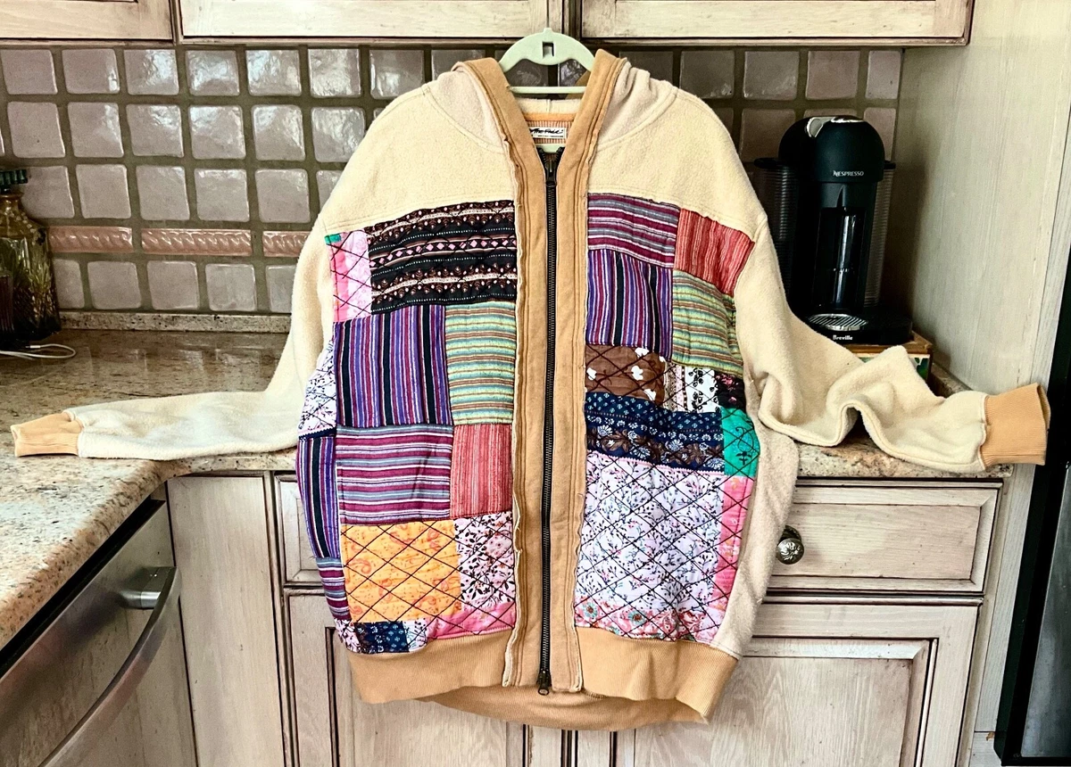 Free People Rhodes Hoodie Jacket Sweatshirt Quilted Patchwork Zip Tan M NWT
