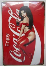 New Metal Sign- Coca-Cola- Coke- Pin Up- Red Stockings- Panties- Bra- Feet