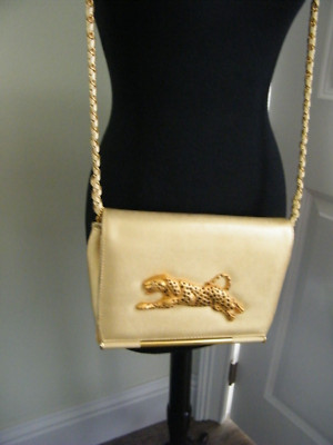 VTG NIMA GOLD LAME' CROSSBODY PURSE W/ GOLD LEOPARD TRIPLE COMPARTMENTS