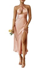 Women’s V Neck Spaghetti Strap Satin High Slit Wedding Guest Formal Maxi Dress