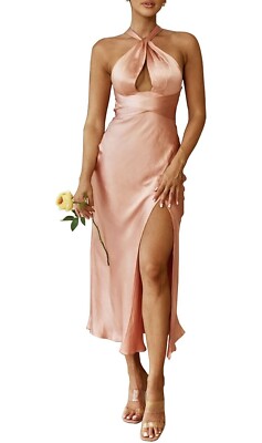 Women's V Neck Spaghetti Strap Satin High Slit Wedding Guest - Main Image