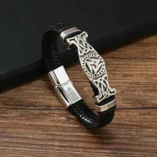 Viking Triangular Symbol Braided Leather Bracelet Steel Magnet Clasp Men Bangle
