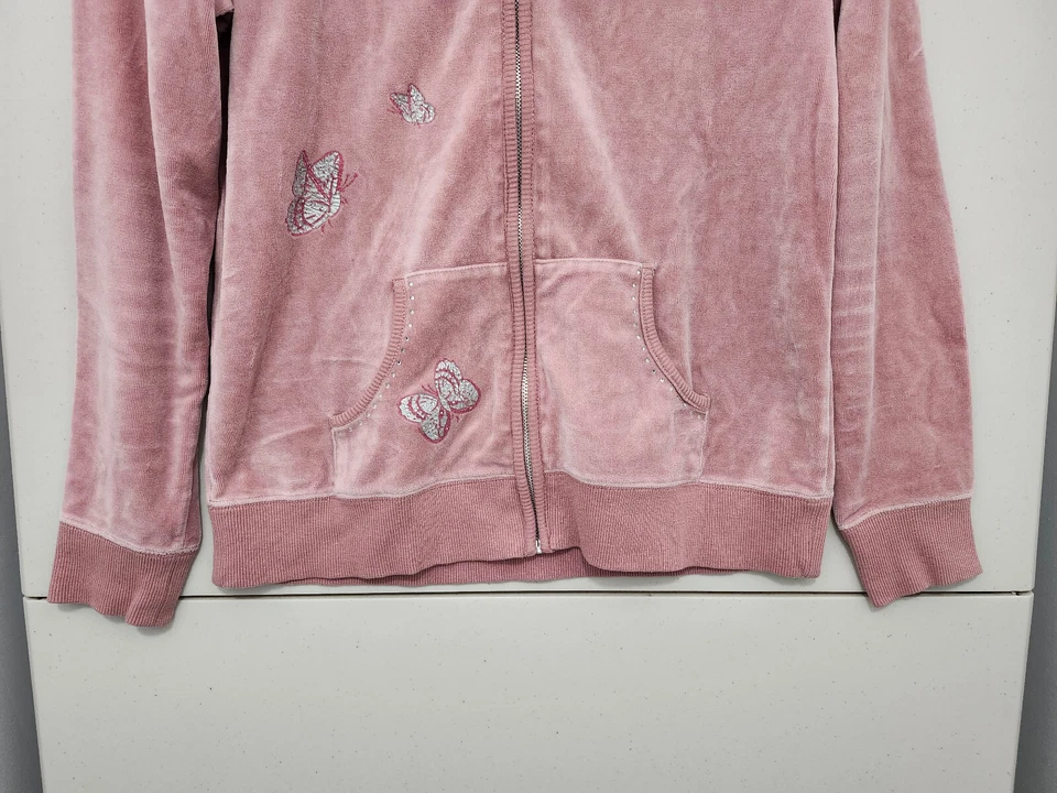 BCBG Max Azria Sudadera Mujer L Rosa Cremallera Sudadera con Capucha Terciopelo Mariposa 2 Lados Y2K Foto 2 de 4