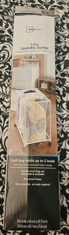 Mainstays 3-Bag Laundry Sorter White, Wheeled, Removable Mesh, 29.5x18x29.75 in