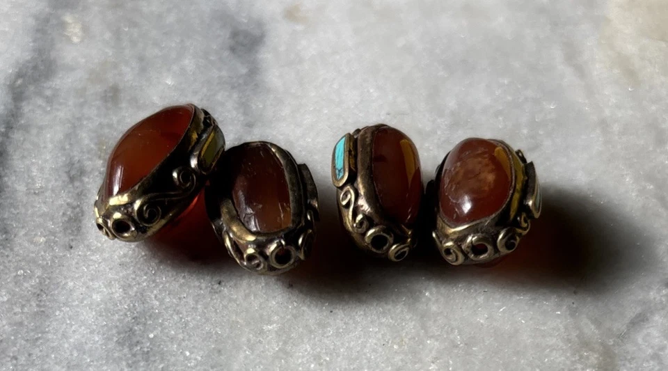 4pcs Tibetan Brass Turquoise Banded Carnelian Beads 25x15mm CC524 - Image 2 of 2