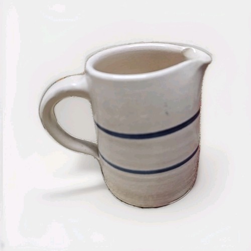 Vtg Marshall Texas Pottery 6” Pitcher Hand Turned Double Navy Stripe Stoneware - Picture 2 of 4