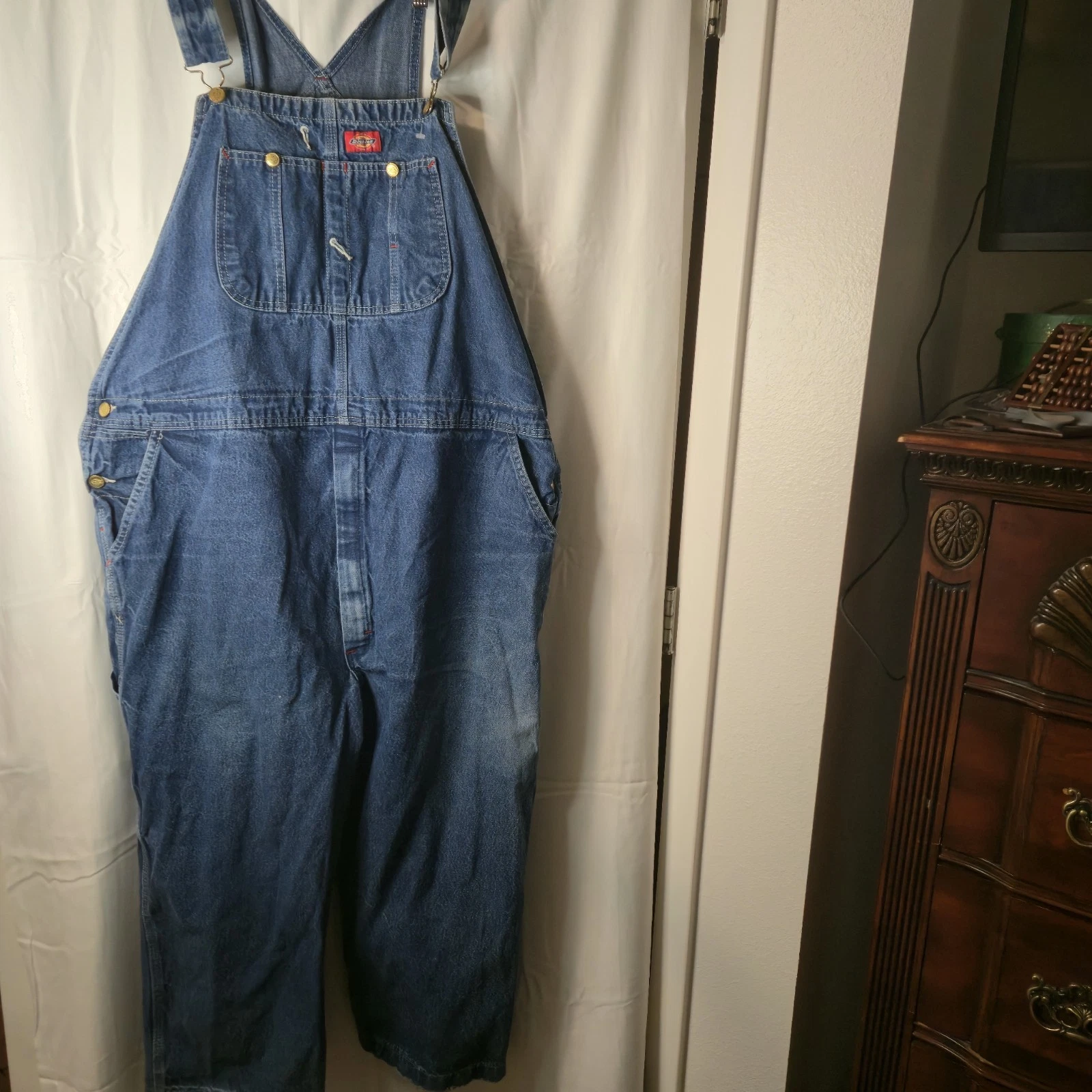Vintage Dickies Overalls Mens 46x30 Carpenter Blue Jeans Denim Bibs Workwear 273
