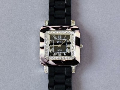 Geneva Platinum Womens Watch 36mm No 6880 Black Silicone Band 6.5'' to 8.5''