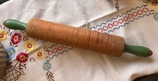 Antique Curly Tiger Maple Rolling Pin Green Painted Handles Primitive c.1875-95