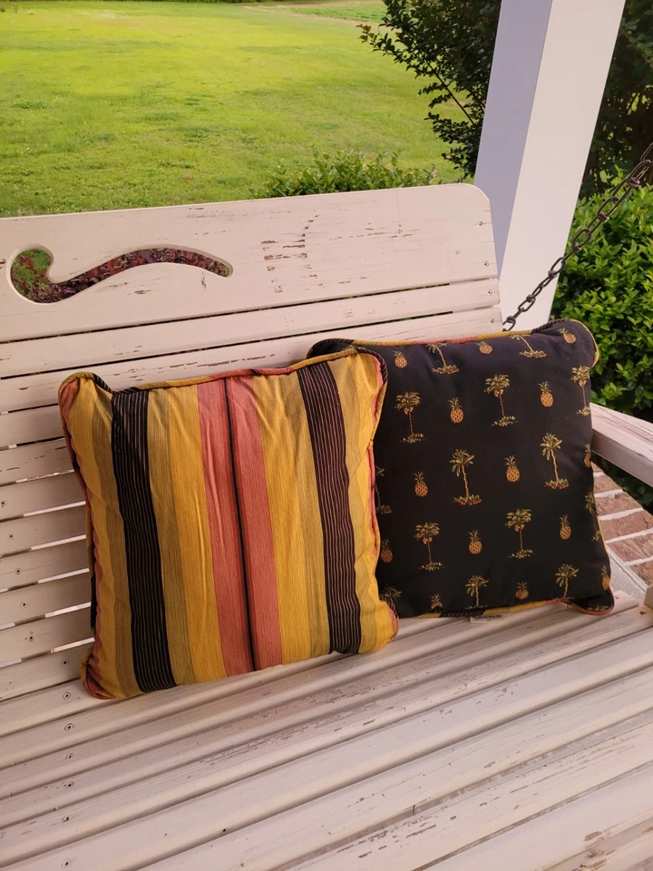 Pair Waverly Palm N Pineapple Black Striped Throw Pillows 17" X 17" - Image 2 of 4