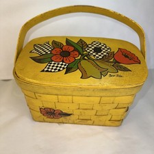 Vintage CARO-NAN Hand Painted Wood Woven Basket Purse 1960's Yellow black white