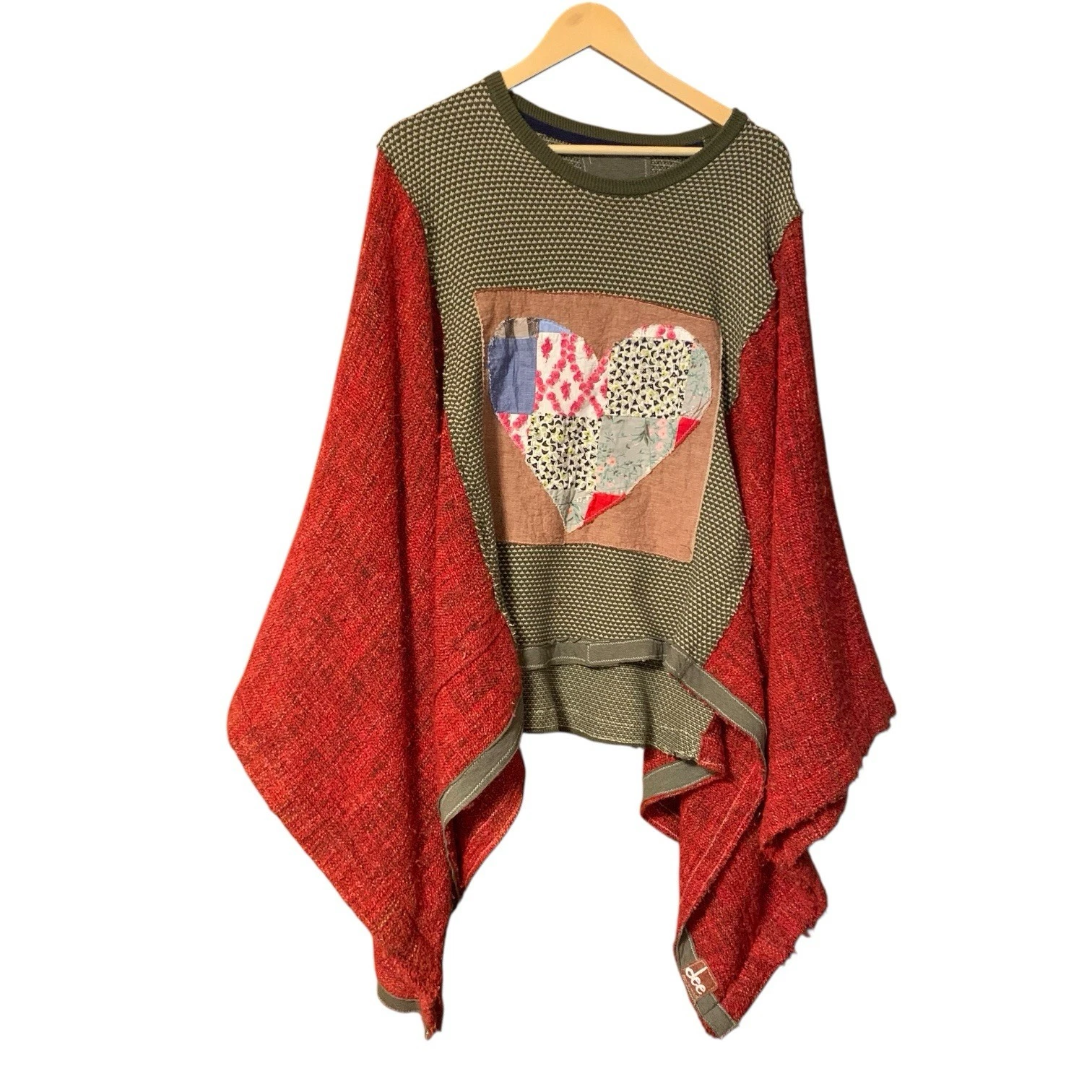 Upcycled Boho Poncho Batwing Sleeve Heart Patchwork Kantha Plus Size Festival