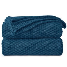 Blue Knitted Throw Blanket for Couch, Soft, Cozy Machine Washable 100 Cotton...