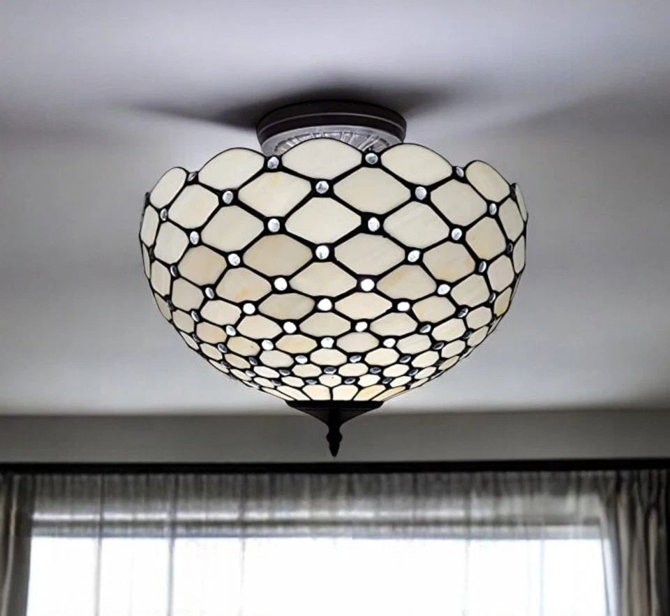 Black and White Tiffany Style Two Light Semi Flush Ceiling Lamp - Image 2 of 4