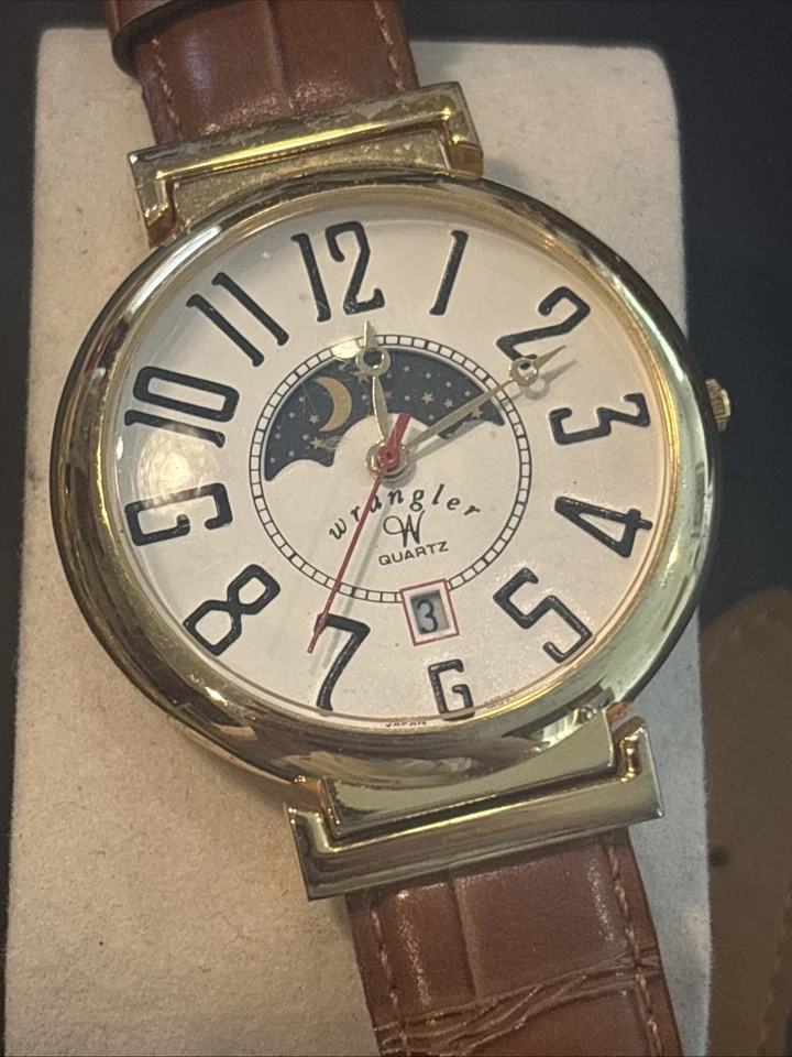Винтажные мужские часы Wrangler 42 мм Moon Phase дата коричневый кожаный ремешок непроверенные как есть - Изображение 2 из 4