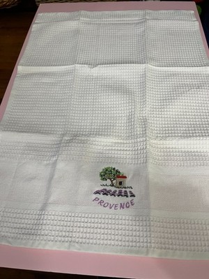 Coton  Blanc Waffle Weave Dish Towel, Embroidered Provence, Cotton, NWOT