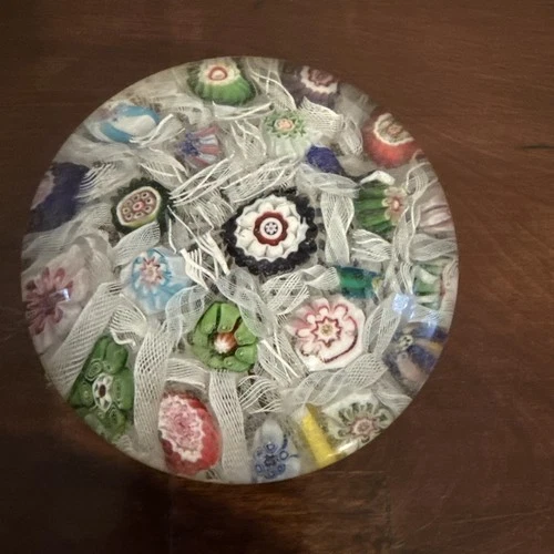 antique Clichy miniature spaced millefiori glass paperweight on muslin ground