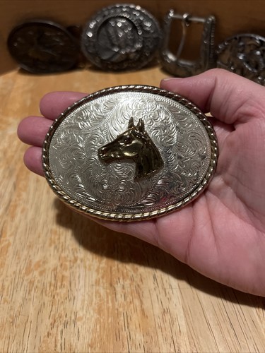 Lot Of 5 Vintage Brass Belt Buckles USA Horse Two Step Boots American Indian - Picture 5 of 17