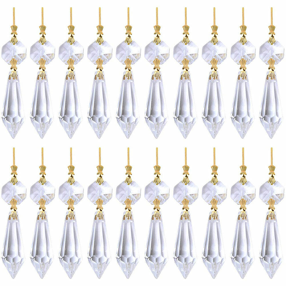 20X Chandelier Lamp Clear Crystal Icicle Prisms Bead Hanging Gold Pendant USA++