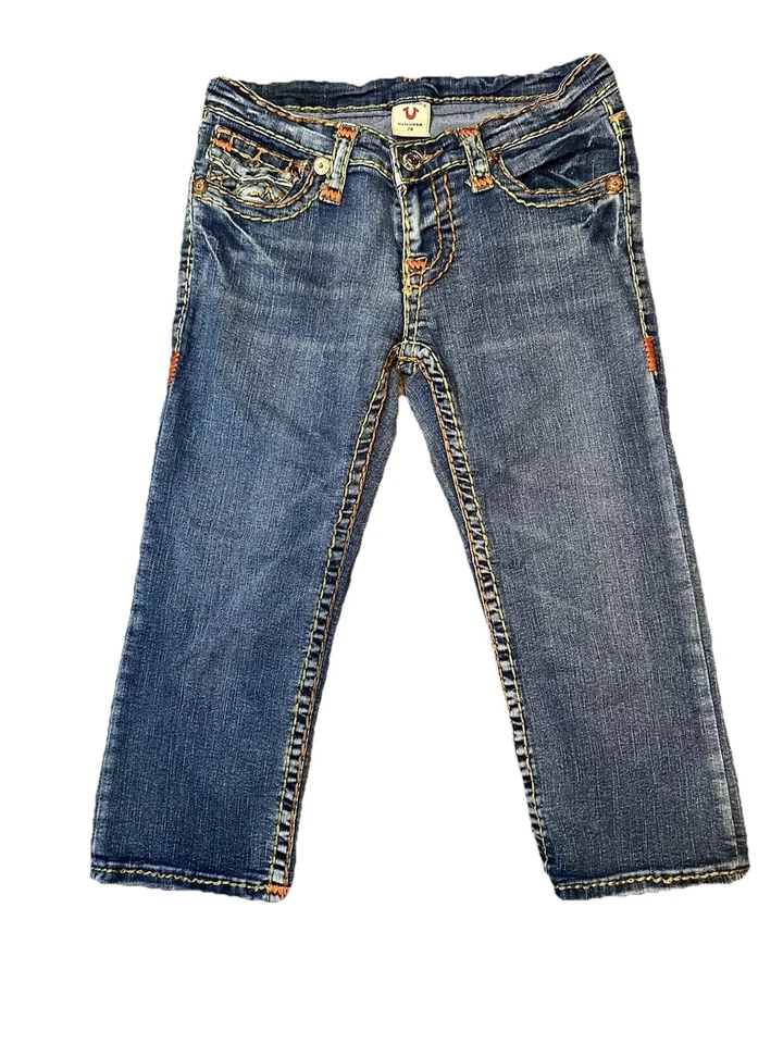 Vintage True Religion Denim Big T Multi Color Stitch Size 14’ x 18’ USA Made - Image 2 of 4