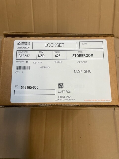 USED CORBIN RUSSWIN CL3557 NZD 626 CLS7 GD 1 Storeroom W/ KEYED CORE "A" KW SFIC