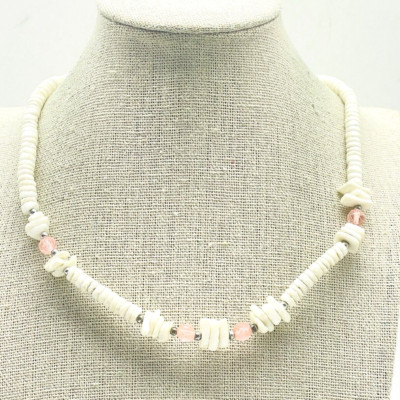 Puka Shell Necklace Pink Bead Accents Silver Tone Surfer Beach Coastal ...