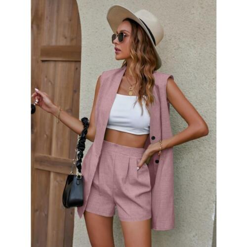 Damen-Outfits einfarbig ärmellos Weste lässig hoher Bund Hose Shorts Anzug - Bild 2 von 5