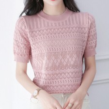Women Knitted Hollow T-shirt Blouse Casual Tops Tee Round Neck Short Sleeve Top
