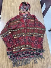 Earthbound Trading Co. Women’s Hooded Fringe Bottom Red Aztec Poncho Large 