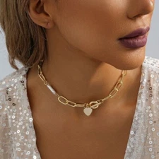 Gold Heart Pendant Necklace Circle Chain Link Choker Locket Toggle Necklace