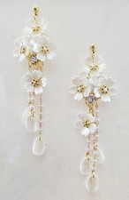 White Floral Beaded Earrings Bridal Lightweight 3.5"Long Pearl Accents