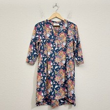 TROVATA BIRDS OF PARADIS Mini Dress Womens S Floral Shift 3/4 Sleeve Cotton Boho