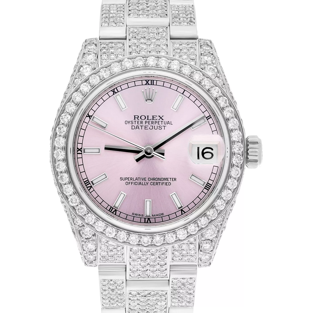 Rolex Datejust 31 mm Pink Dial Oyster Band Ladies Iced-Out Diamond