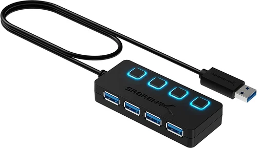 4-Port USB 3.0 Data Hub Individual LED Power Switches Slim Cable
