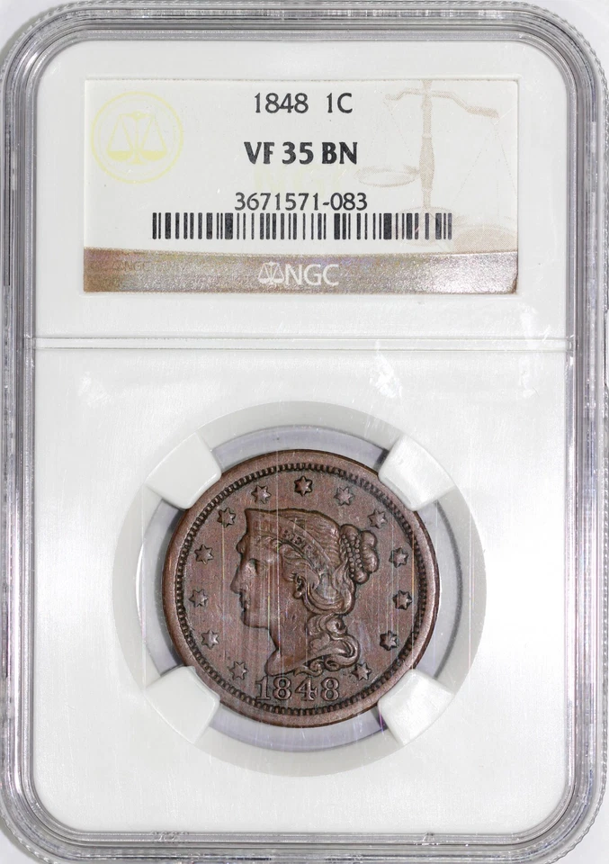 1848 1c N-5 Braided Hair Large Cent NGC VF 35 - Image 3 of 4