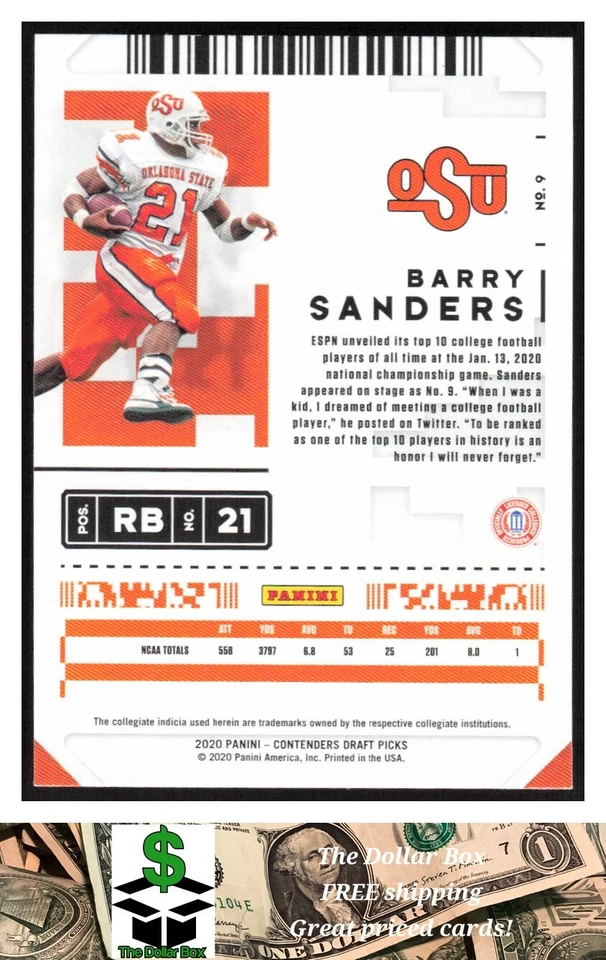 2020 Panini Contenders Draft Picks #9 Barry Sanders - Oklahoma State Cowboys - Image 2 of 2