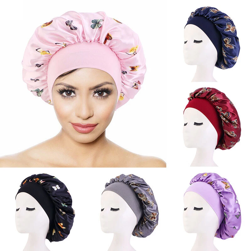 Women Printed Satin Night Sleep Cap Hair Bonnet Hat Wide Elastic