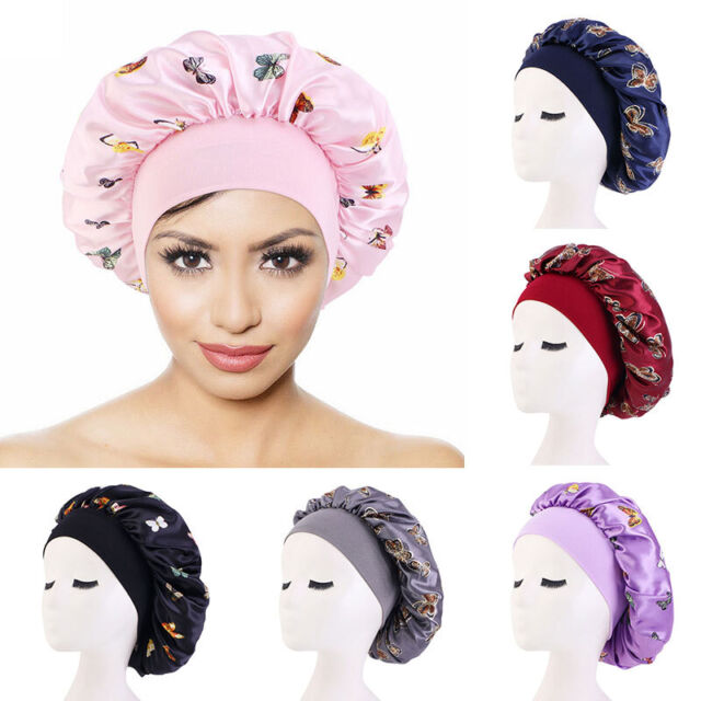 Women Printed Satin Night Sleep Cap Hair Bonnet Hat Wide Elastic Band Head Cover