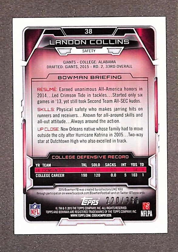 2015 Bowman Gold #R38 Landon Collins RC /399 - Image 2 of 3