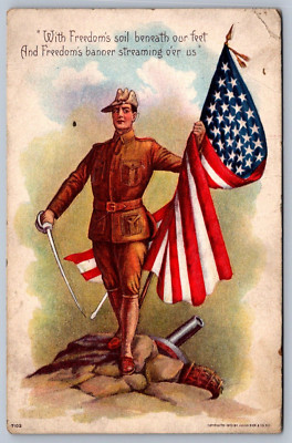 Postcard ''Freedom's Banner'' Soldier Holding U.S. Flag Patriotic 1917 WWI