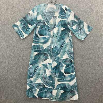 #ad Beachy Tropical Sheer Kimono Topper Coverup Womens Large White Aqua Midi Length $18.95