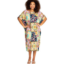 Johnny Was Long Rayon Japer Cocoon Boat Kaftan Flared Dress Yellow Blue XL NEW