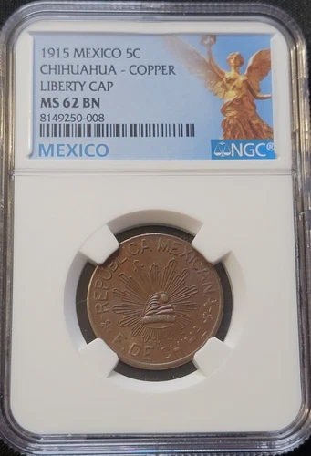 1915 Mexico 5 Centavos Chihuahua – NGC MS62 BN – Liberty Cap