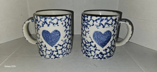 Gibson Vintage Colbalt Blue Sponge Wear Set 2 Heart Stoneware Coffee Tea Mug Cup