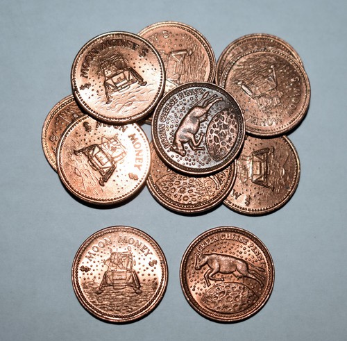144b. ONE (1) MOON MONEY, COW JUMPS OVER THE MOON, GREEN CHEESE PENNY, BUGGY