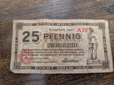 Rare Germany Emergency Banknote Paper Money Value = 25 Pfennig : Stadt Koln 1921